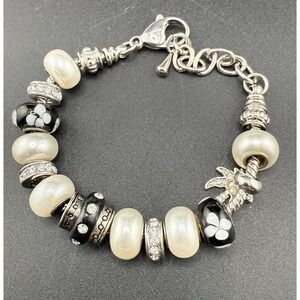 Charm Bracelet Palm Trees Flower Faux Pearl 7.5"‎